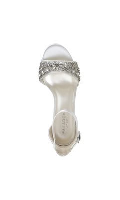 Top view of Enya Ivory Satin Prom Shoes by Paradox London (P2203)—a white open-toe heeled sandal with jeweled front strap and ankle strap, ideal as low-heel formal shoes for prom or any special occasion.