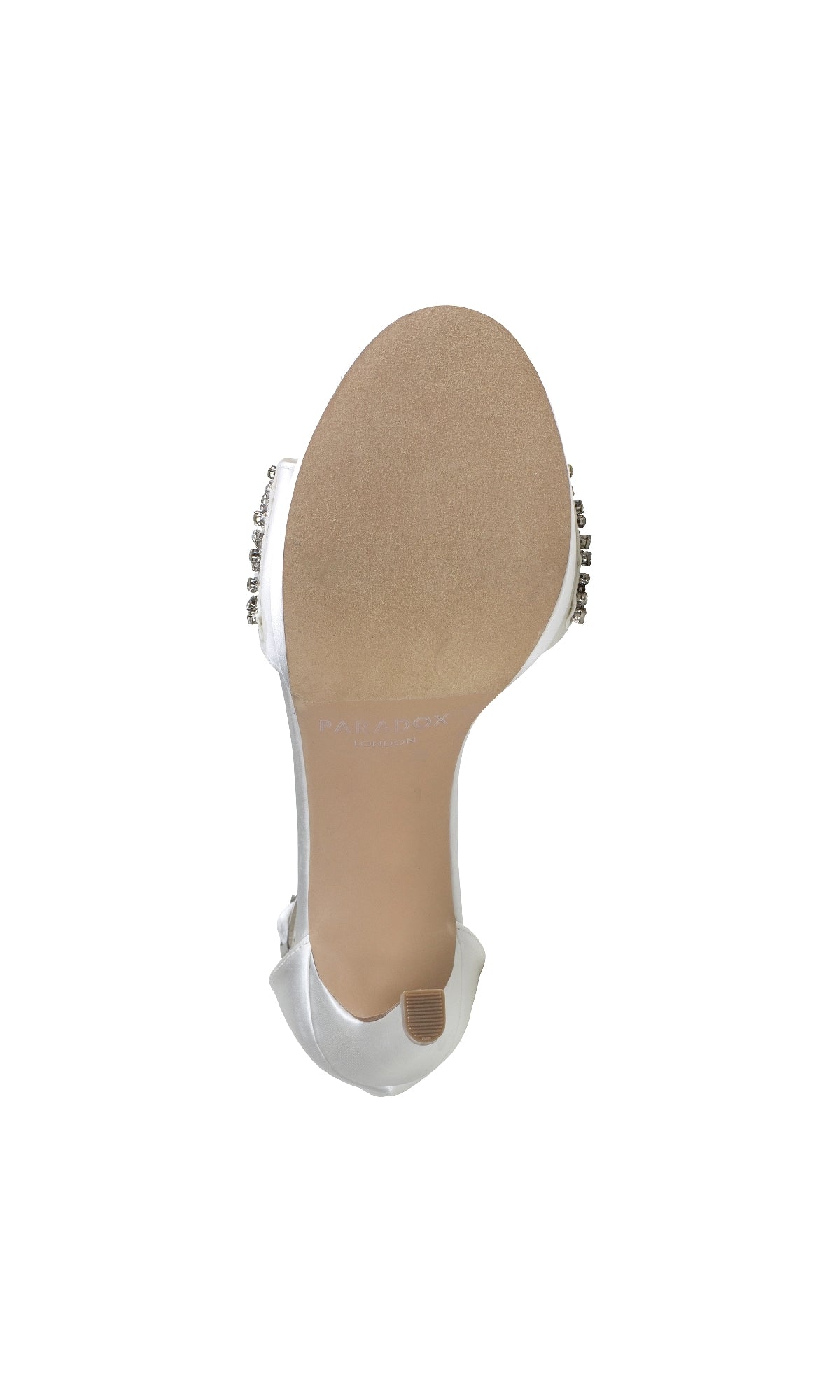 The Enya Ivory Satin Prom Shoes (Paradox London P2203) feature a smooth sole, silver heel embellishments, an open-toe style, and elegant jeweled stiletto heels, as seen from the bottom view.