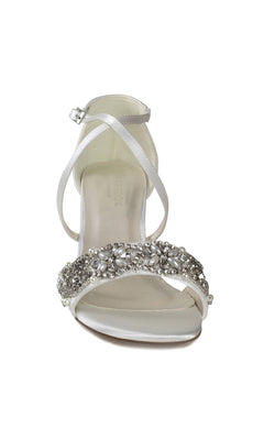 Front view of the Evangeline Ivory Satin Prom Shoes by Paradox London (P2200) featuring a thin ankle strap, jeweled block heel, and decorative rhinestones and beads on the toe strap.