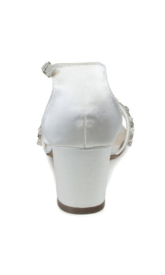 Rear view of the Evangeline Ivory Satin Prom Shoes (Paradox London P2200) showcases a low block heel, elegant ankle strap, and side embellishments for a refined touch.