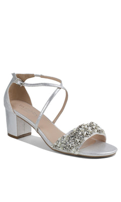 The Evangeline Silver Prom Shoes: Paradox London P2201 feature a block heel, ankle strap, cross straps, and sparkling rhinestone embellishments—ideal as low-heel silver formal shoes for prom or any special event.