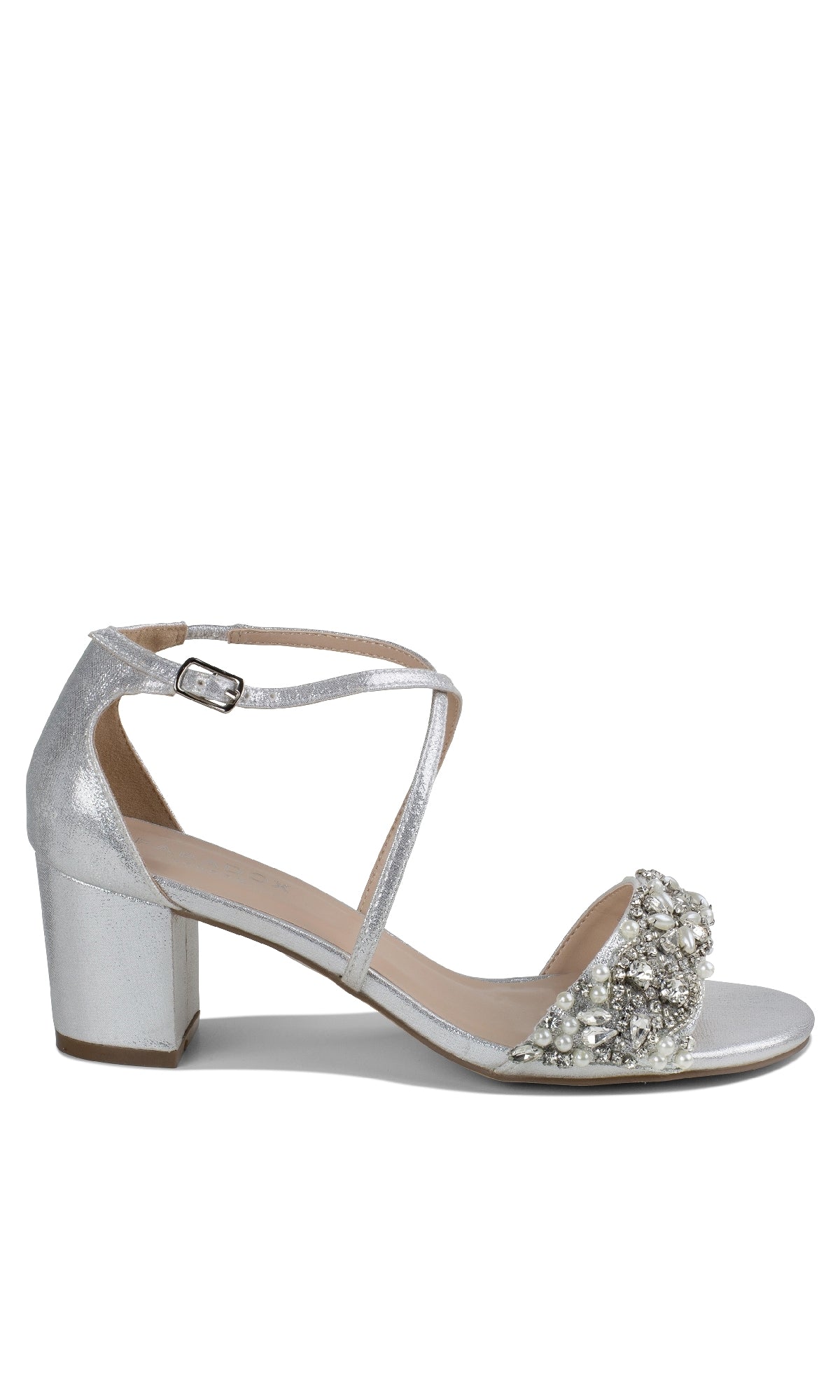 The Evangeline Silver Prom Shoes: Paradox London P2201 feature a block heel, ankle strap, and embellished toe strap with rhinestones and pearls—ideal as silver prom shoes or low-heel formal shoes, shown on a white background.
