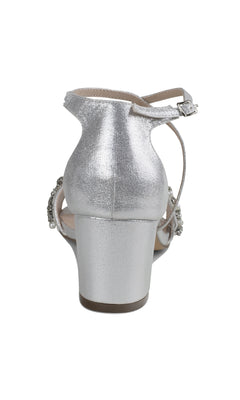 Back view of the Evangeline Silver Prom Shoes (Paradox London P2201): a silver, closed-heel sandal with ankle strap, chunky heel, and side detailing—ideal as low-heel formal shoes or chic prom footwear.