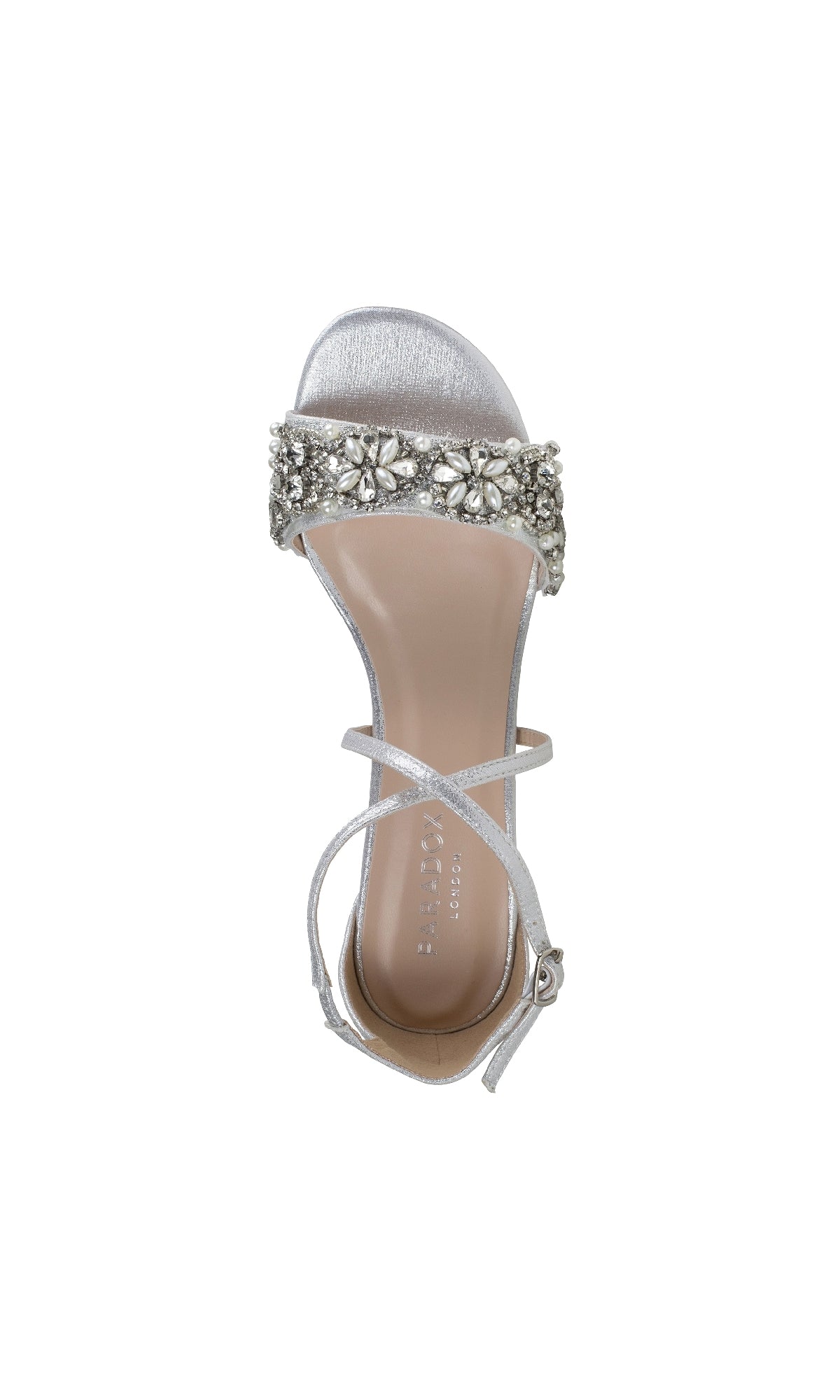 The Evangeline Silver Prom Shoes by Paradox London (P2201) are elegant open-toe high heel sandals with an ankle strap and floral rhinestone embellishments across the toe strap, shown from an overhead view.