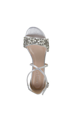The Evangeline Silver Prom Shoes by Paradox London (P2201) are elegant open-toe high heel sandals with an ankle strap and floral rhinestone embellishments across the toe strap, shown from an overhead view.