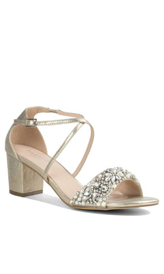 The Evangeline Champagne Prom Shoes by Paradox London (P2202) feature gold block heels, crisscross ankle straps, and rhinestone and pearl details—ideal jeweled block heel shoes to add sparkle to any formal outfit.