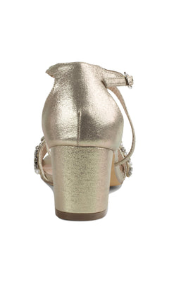 Rear view of the Evangeline Champagne Prom Shoes by Paradox London (P2202)—a gold, closed-back, low-heeled sandal with ankle strap and rhinestone detailing, ideal as elegant formal shoes or sparkling prom footwear.