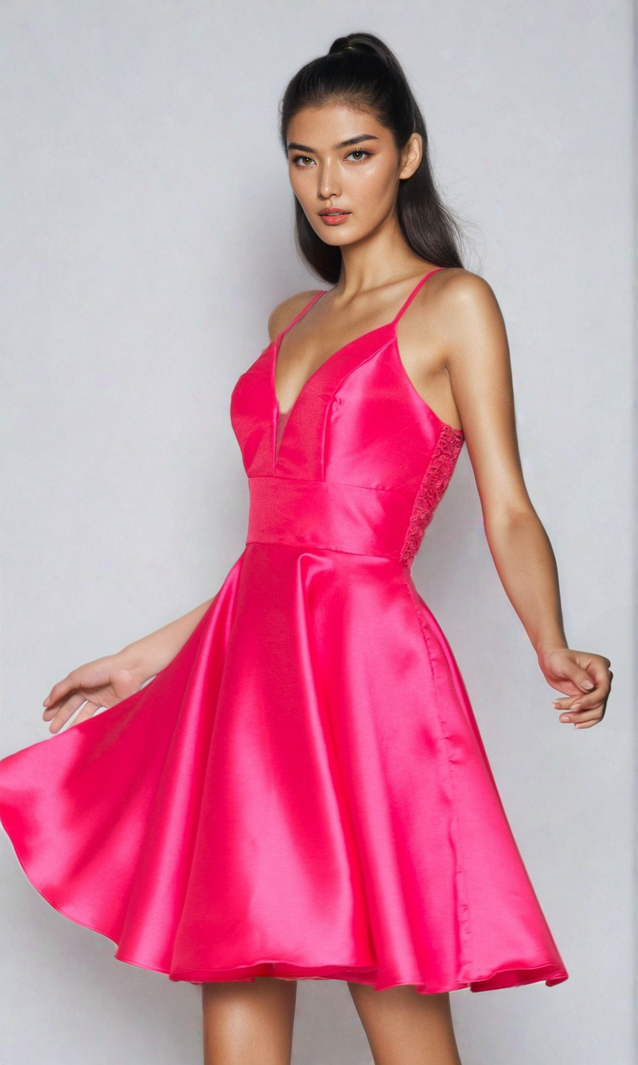 A woman poses against a plain light background in the Lace-Back Short A-Line Homecoming Dress 8698, featuring bright pink satin fabric and a flared skirt.
