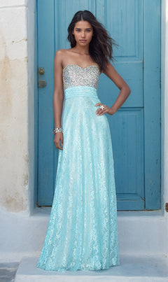 La Femme-Full Length Sweetheart Open Back Lace Gown