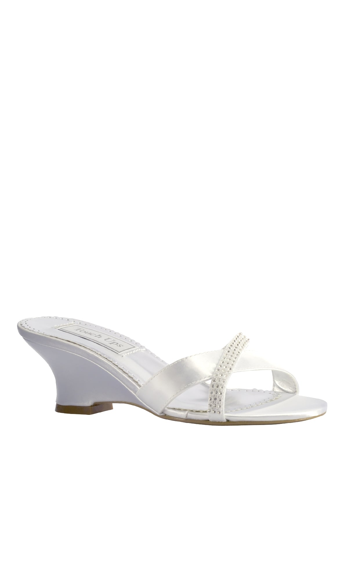 The Flair White Satin Wedge Prom Shoes by Dyeables 4097 feature a white open-toe design with two thin front straps and a low, angled heel—ideal as stylish wedge heels for nights out or chic white satin prom shoes.