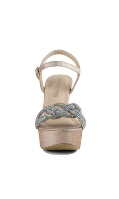 Front view of Gemini Champagne Glitter Prom Shoes: Touch Ups 4650, a women's platform sandal with jeweled straps, glittery ankle strap, and braided multicolored bead trim—ideal for prom or as chic wedge heels.