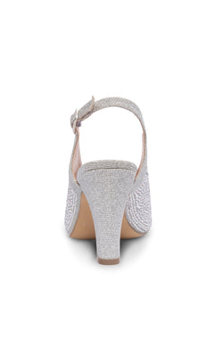 Rear view of the Glory Silver Glitter Prom Shoes: Paradox London P2300, featuring a mid-heel, ankle strap, and textured sparkling finish—ideal for adding elegant style to any special occasion.