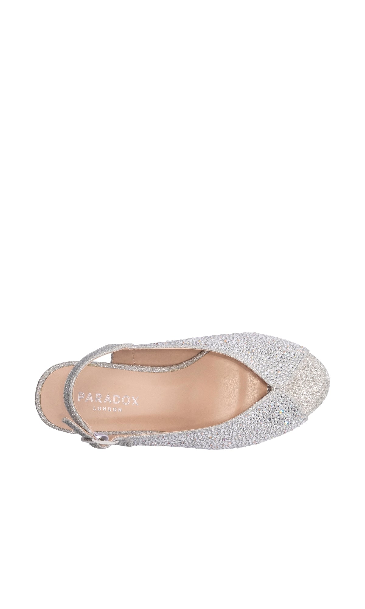 Top view of the Glory Silver Glitter Prom Shoes (Paradox London P2300) with a pointed toe and slingback design, featuring 