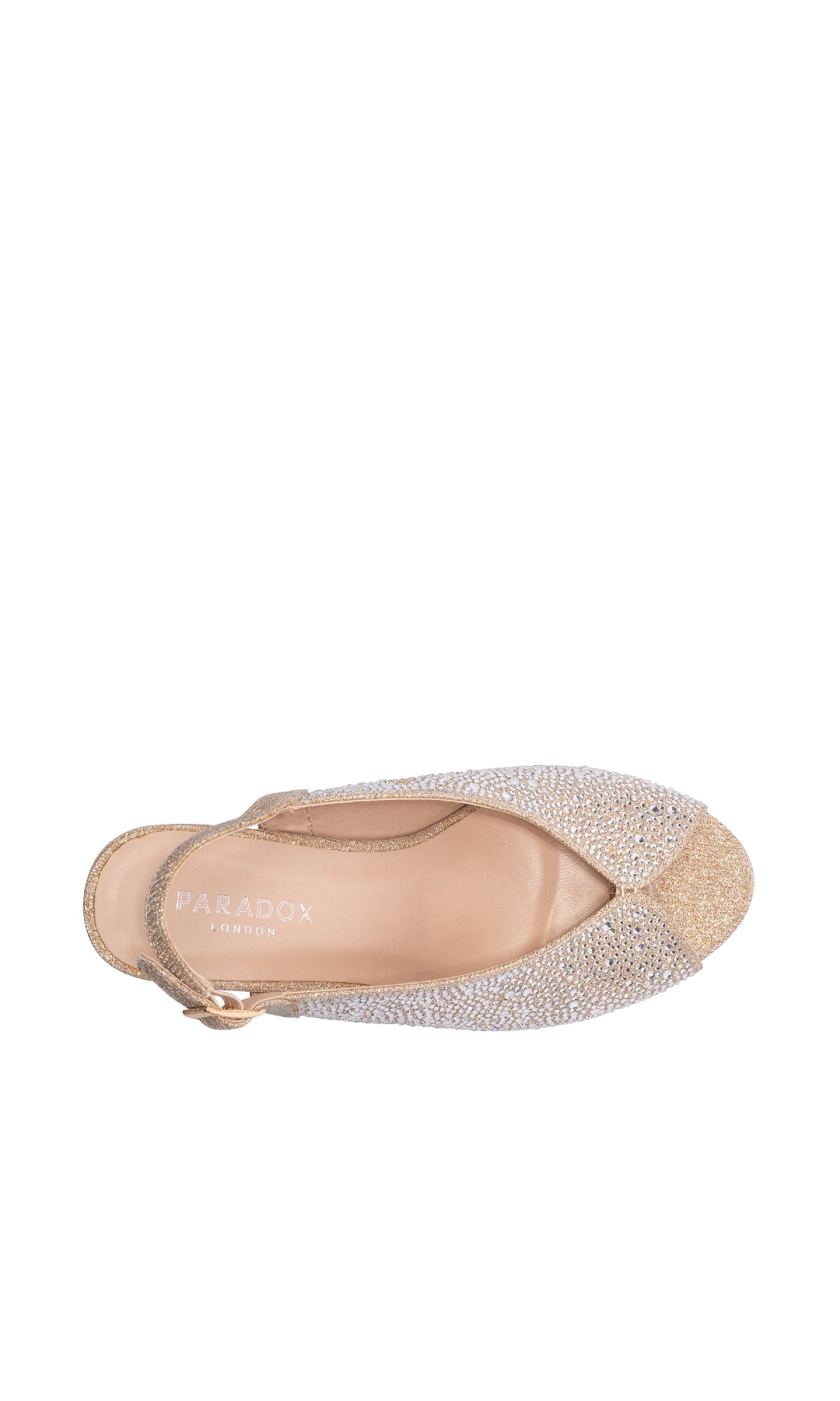 Top view of Glory Champagne Prom Shoes: Paradox London P2301, open-toe slingbacks with sparkling silver and gold glitter. High heel buckle shoes labeled 