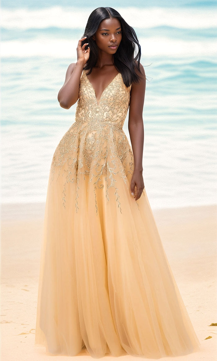 Embroidered Gold Sparkly Long Tulle Prom Dress