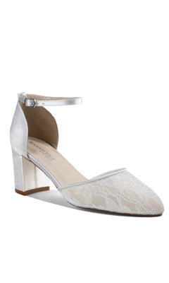 Hazel White Lace Prom Dress Shoes: Dyeables 4612 feature a closed toe, silver ankle strap with buckle, and comfy block heel, shown against a white background.