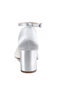 The Hazel White Lace Prom Dress Shoes (Dyeables 4612) are satin, closed-toe heels with an ankle strap and buckle, shown from the back on a plain white background.