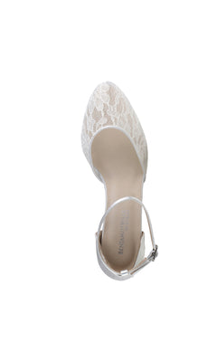 Top view of Hazel White Lace Prom Dress Shoes: Dyeables 4612, a women's closed-toe heel with lace pattern, ankle strap, buckle closure, and beige insole.