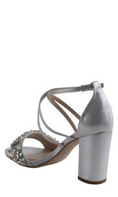 Step into elegance with the Hira Silver Shimmer Prom Shoes by Paradox London (P2101), featuring a high heel, ankle strap, and a beaded, pearl-embellished front strap for a glamorous look.