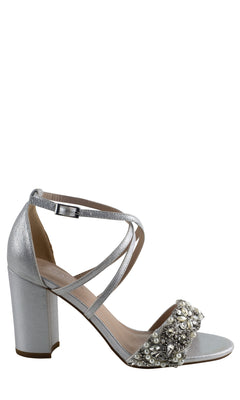 Step out in style with the Hira Silver Shimmer Prom Shoes by Paradox London P2101, featuring an ankle strap, block heel, and jeweled toe strap—perfect for adding sparkle to your prom look.