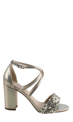 Add sparkle to your look with the Hira Champagne Prom Shoes: Paradox London P2102—featuring high heels, ankle strap, crisscross front straps, and decorative gemstones for a jeweled touch.