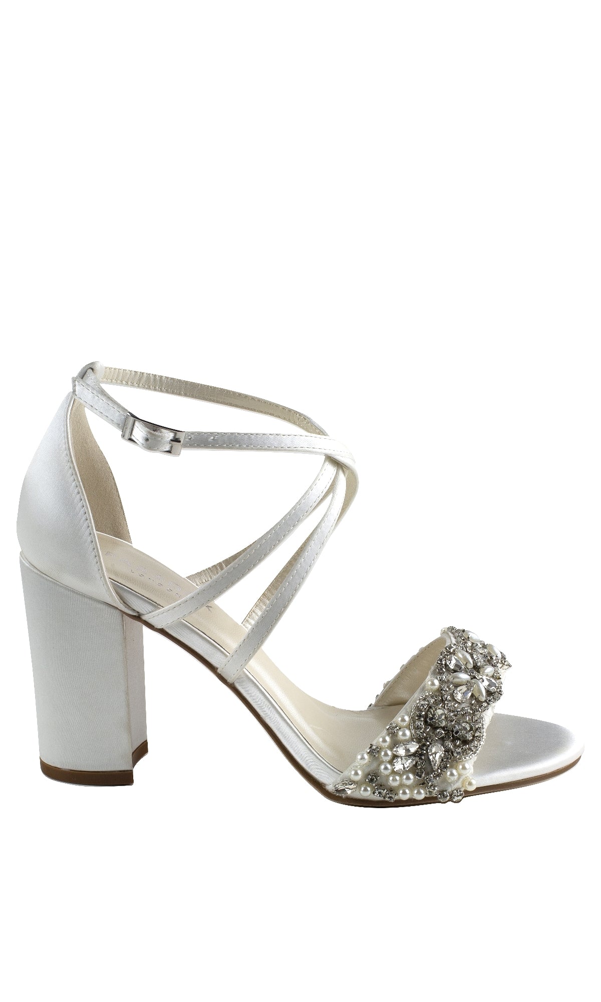 The Hira Ivory Satin Prom Shoes (Paradox London P2103) are white high-heeled sandals with ankle straps, a block heel, and pearl and rhinestone embellishments—perfect jeweled shoes for your special night.