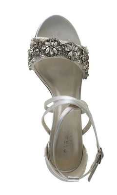 The Hira Ivory Satin Prom Shoes by Paradox London (P2103) feature an elegant open-toe design with jeweled and pearl strap accents plus a satin ankle wrap—perfect for adding sparkle to your prom look.