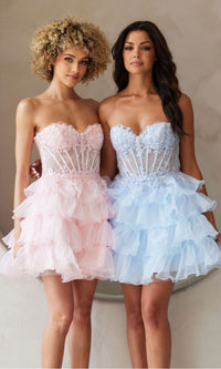 Short strapless ruffle layered homecoming dress with sheer corset bodice