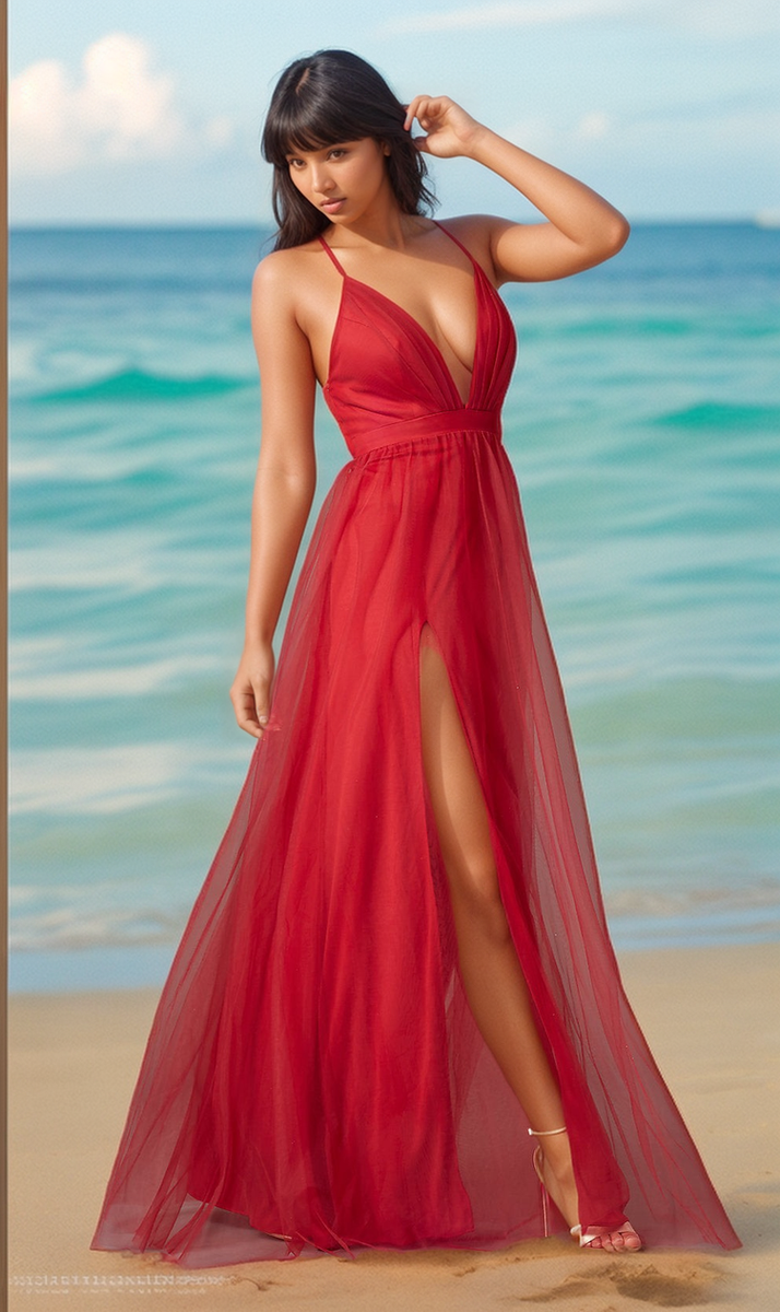 V Neck Red Long Tulle Formal Prom Dress PromGirl