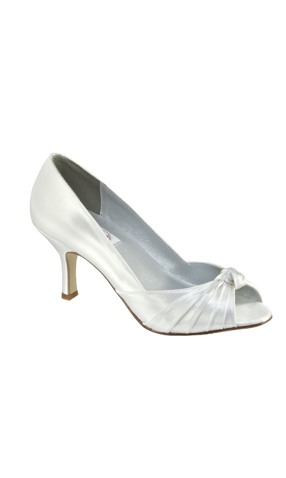 Ida Open-Toe White Prom Shoes: Dyeables 19811 for women feature a low stiletto heel, elegant peep-toe design, and a chic knotted toe detail, shown against a plain white background.