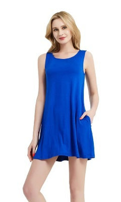 Model wears the Sleeveless Casual Short T-Shirt Dress with Pockets in royal blue, standing against a plain white background.