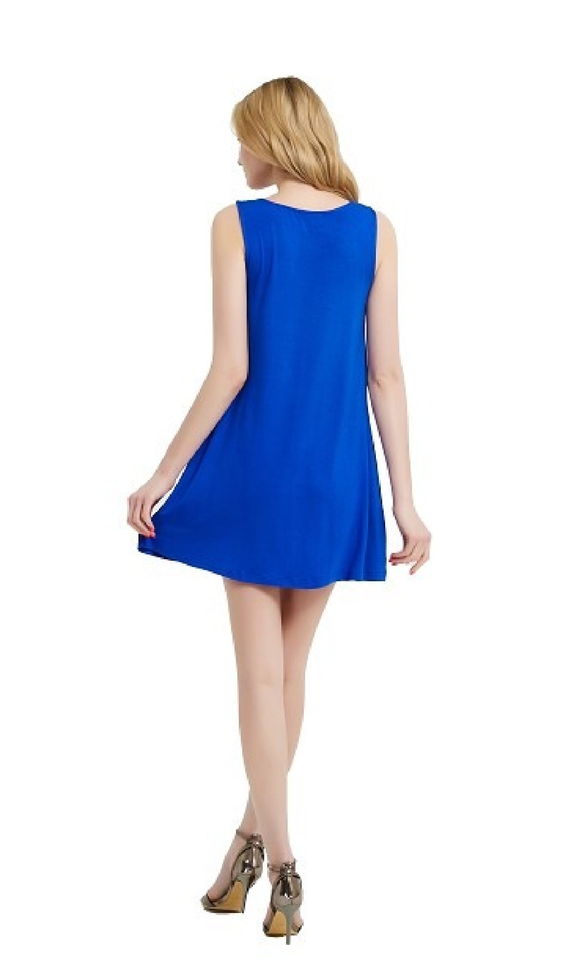 A woman faces away wearing the Sleeveless Casual Short T-Shirt Dress with Pockets and high heels against a plain white background.