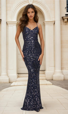 La Femme-La Femme Long Sequin Prom Dress in Indigo Blue