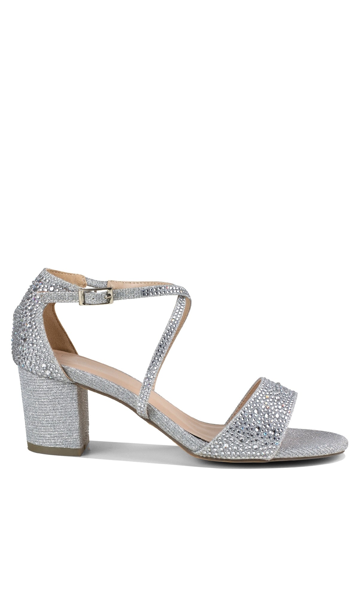 The Ines Silver Prom Shoes by Paradox London (P2211) feature an open toe, block heel, ankle strap, and sparkling rhinestones—ideal as eye-catching silver prom shoes.