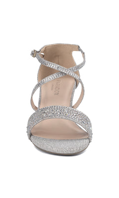 Front view of Ines Silver Prom Shoes by Paradox London (P2211): a silver, open-toe high heel sandal with crisscross straps, rhinestone details, and an elegant ankle strap—ideal for prom.