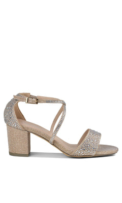 The Ines Champagne Prom Shoes (Paradox London P2212) feature a gold 2-inch block heel, ankle strap, open toe, and sparkling rhinestones on the straps and heel—an ideal shimmering choice for prom.