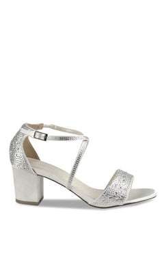 Ines Ivory Satin Prom Shoes by Paradox London (P2224) feature an ankle strap, open toe, and shimmering textured accents—making them an elegant choice for stylish prom footwear with a touch of sparkle.