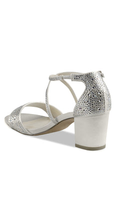 The Ines Ivory Satin Prom Shoes (Paradox London P2224) feature an open toe, mid-block heel, ankle strap, and rhinestone embellishments—ideal for adding sparkle to your formal look.