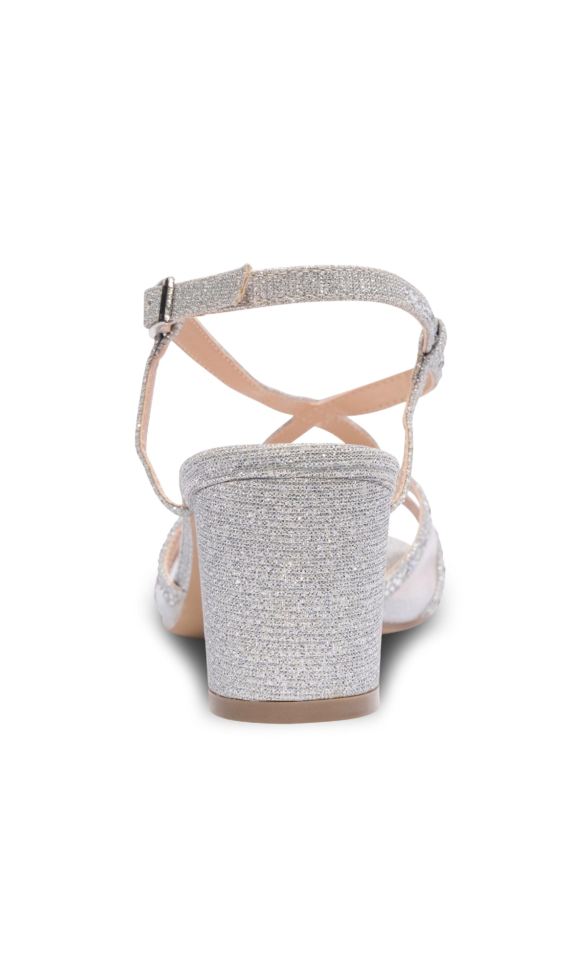 Rear view of the Ingrid Silver Prom Shoes: Paradox London P2303—silver glitter finish, open toe, low block heel, and ankle strap—displayed against a white background.