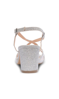 Rear view of the Ingrid Silver Prom Shoes: Paradox London P2303—silver glitter finish, open toe, low block heel, and ankle strap—displayed against a white background.