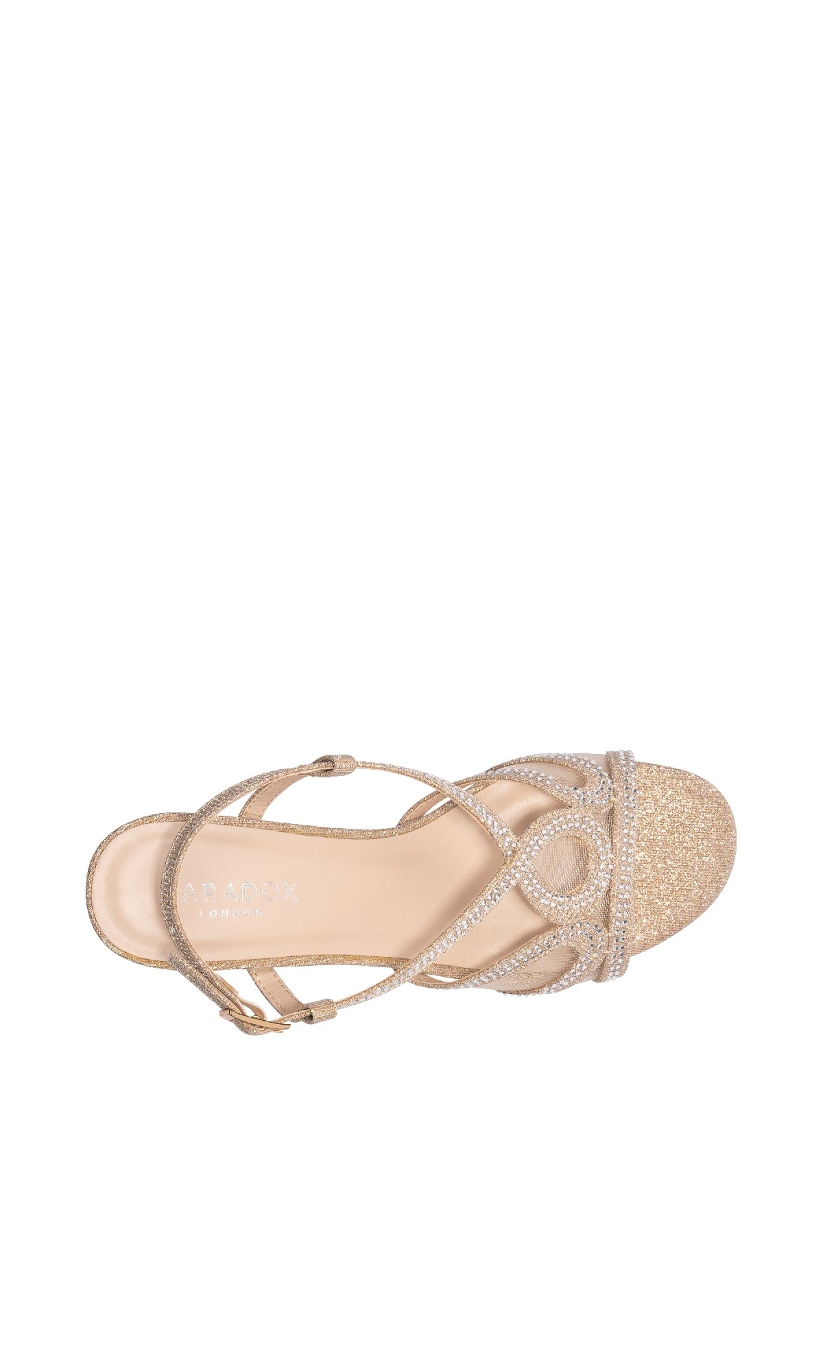 Top view of the Ingrid Champagne Prom Shoes: Paradox London P2304, showcasing an open toe, thin crisscross straps, and chic low heels with a sparkling champagne glitter finish.