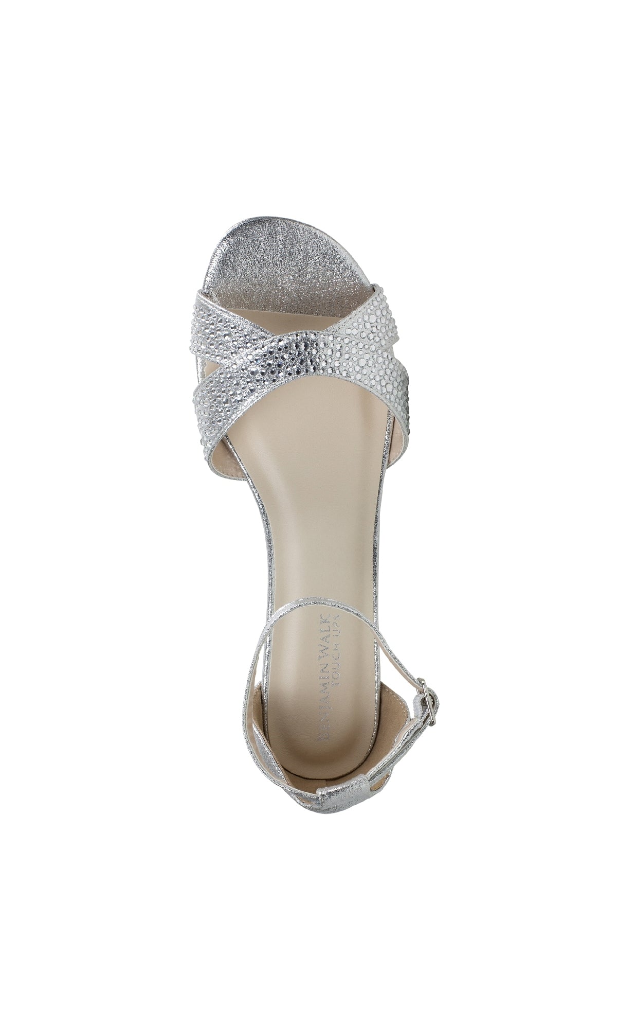 Top view of the Iris Silver Wedge Prom Shoes: Touch Ups 4626—an open-toe high-heeled sandal with rhinestone-covered crisscross and ankle straps, perfect for adding a glamorous touch to any prom look.