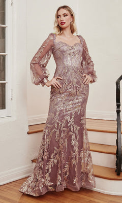A woman stands on a wooden staircase wearing the Long Sleeve Long Glitter-Print Formal Dress J816, a floor-length mauve gown with sheer long sleeves and shimmering details.