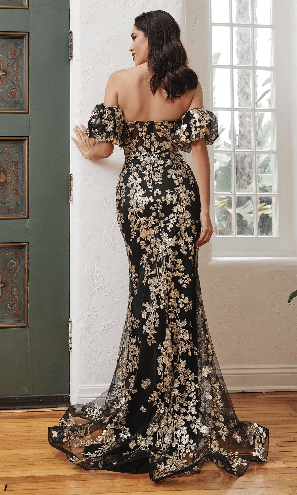 Strapless Long Glitter-Print Prom Dress -PromGirl Black Gold / 6