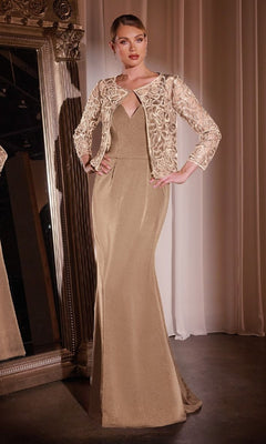 A woman stands indoors by a large ornate mirror and white curtains, wearing the Ladivine J881 Beaded-Jacket Long Formal Dress in gold—a sophisticated choice for a mother of the bride.