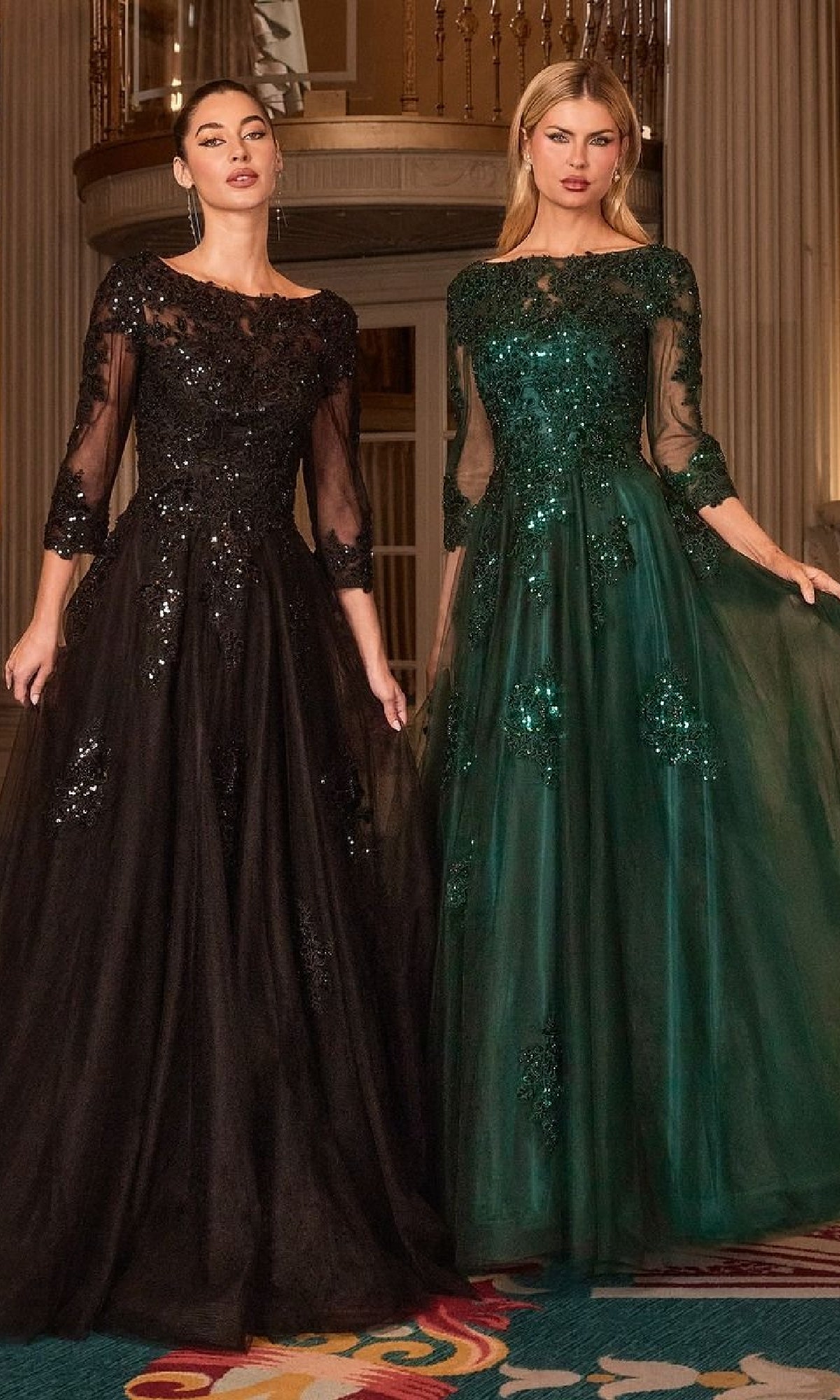 Two women stand indoors wearing Ladivine J883 long sleeve formal dresses: one in black sequins, the other in dark green sequins. Both floor-length A-line gowns feature elegant sheer long sleeves.