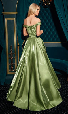 A woman with long blonde hair wears the Ladivine J885 long prom dress, standing with her back to the camera in an elegant blue and gold room.
