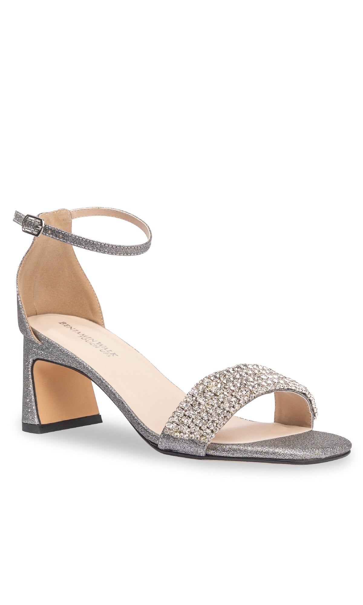 The Jade Pewter Prom Shoes by Touch Ups (4667) are silver open-toe sandals with low block heels, ankle strap, and jeweled rhinestone-embellished straps—perfect for making a dazzling entrance at prom.
