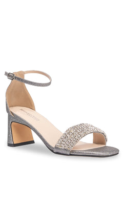 The Jade Pewter Prom Shoes by Touch Ups (4667) are silver open-toe sandals with low block heels, ankle strap, and jeweled rhinestone-embellished straps—perfect for making a dazzling entrance at prom.