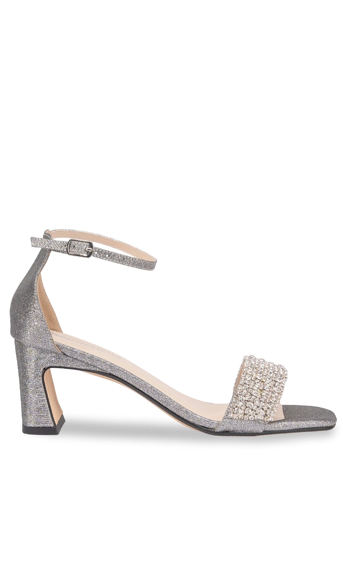 The Jade Pewter Prom Shoes by Touch Ups 4667 feature a low heel, ankle strap, and jeweled rhinestone straps across the toe for a sparkling finish.